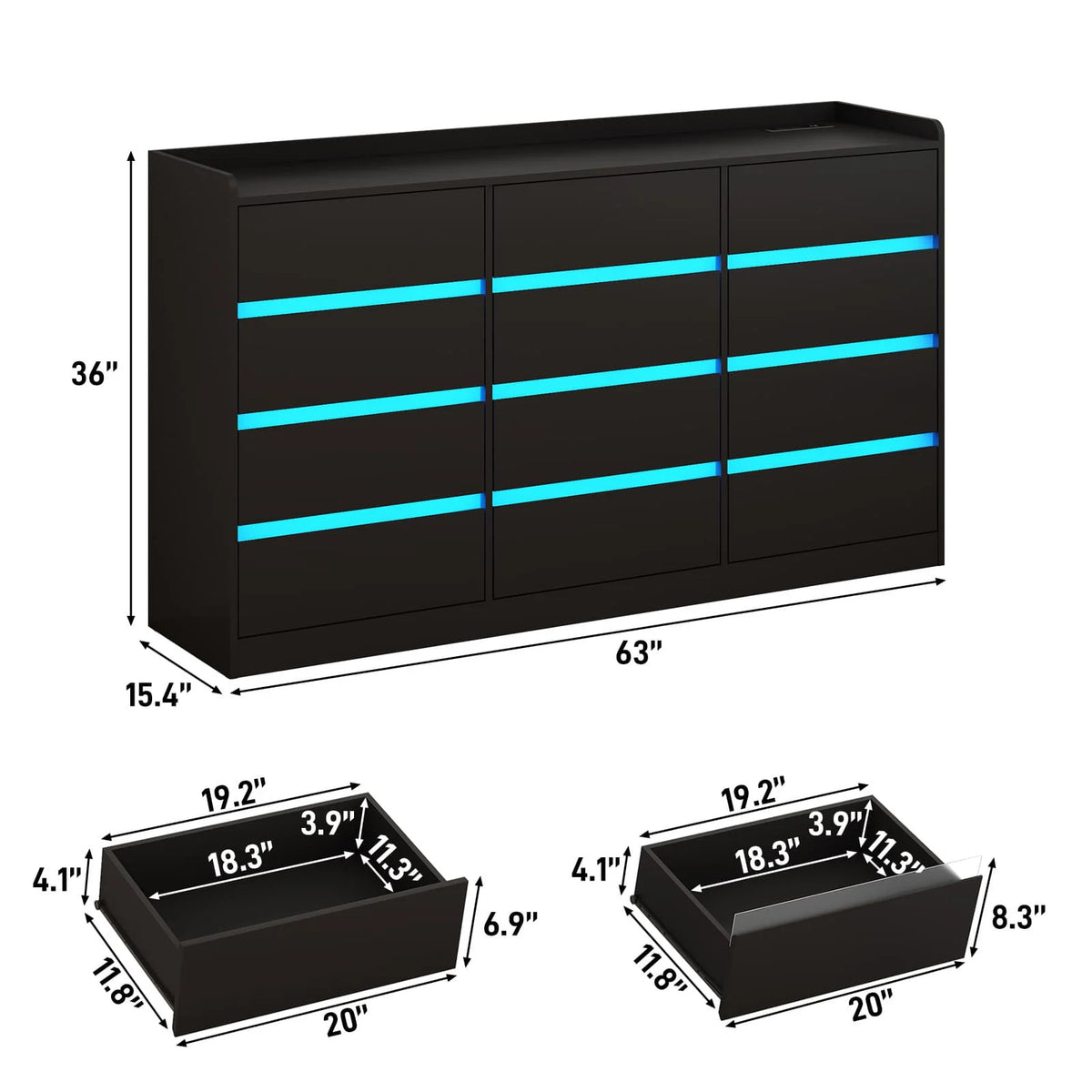 9 Drawer Dresser for Bedroom with Power Outlet, 63" Large Dresser with LED Light, Wooden Dresser For Closet, Chest of Drawers with Raised Edges