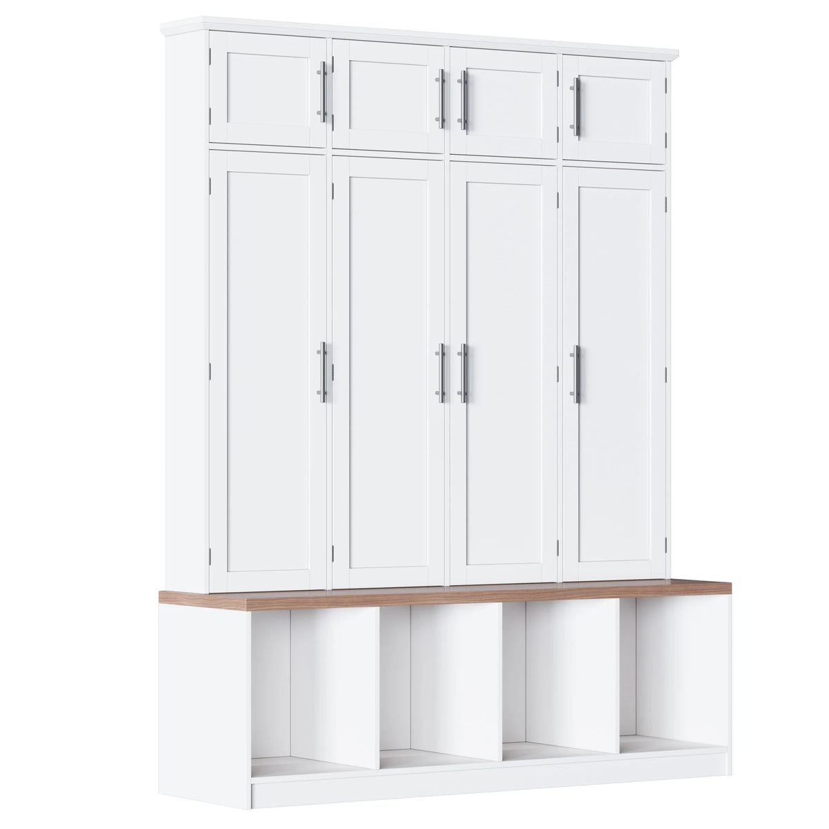 Euroco Entryway Hall Tree with Bench, Shoe Storage, Coat Hooks & Cabinets �C Walnut Finish, Anti-Tip Design, Modern Mudroom Organizer