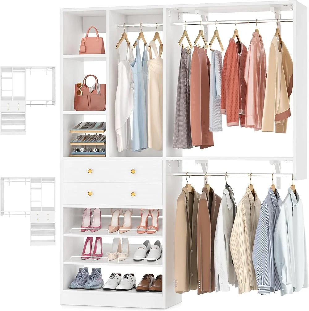 iSunirm 5FT Closet System with Drawers,5FT Closet System with Drawers, 60" Closet Organizer System with 2 Hanging Shelving Perfect Storage Solution for Organizing Your Closet