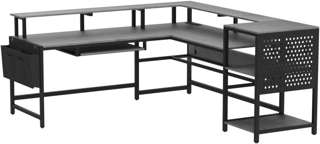 SEDETA L Shaped Gaming Desk, Reversible Computer Desk, Gaming Desk with Power Outlets & LED Strip, Monitor Shelf, Keyboard Tray, Pegboard and Storage Shelves for Home Office, Black