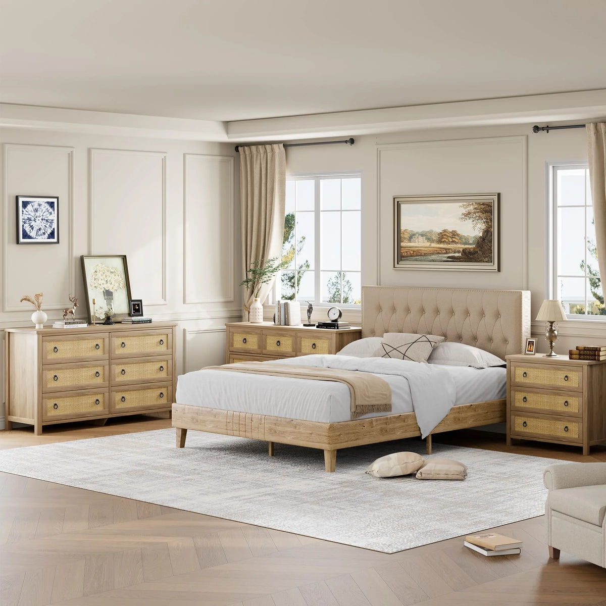 Yeshouse Boho 6-Drawer Dresser with Rattan Accents, Modern Chest of Drawers with Ring Handles & Deep Storage for Bedroom, Living Room