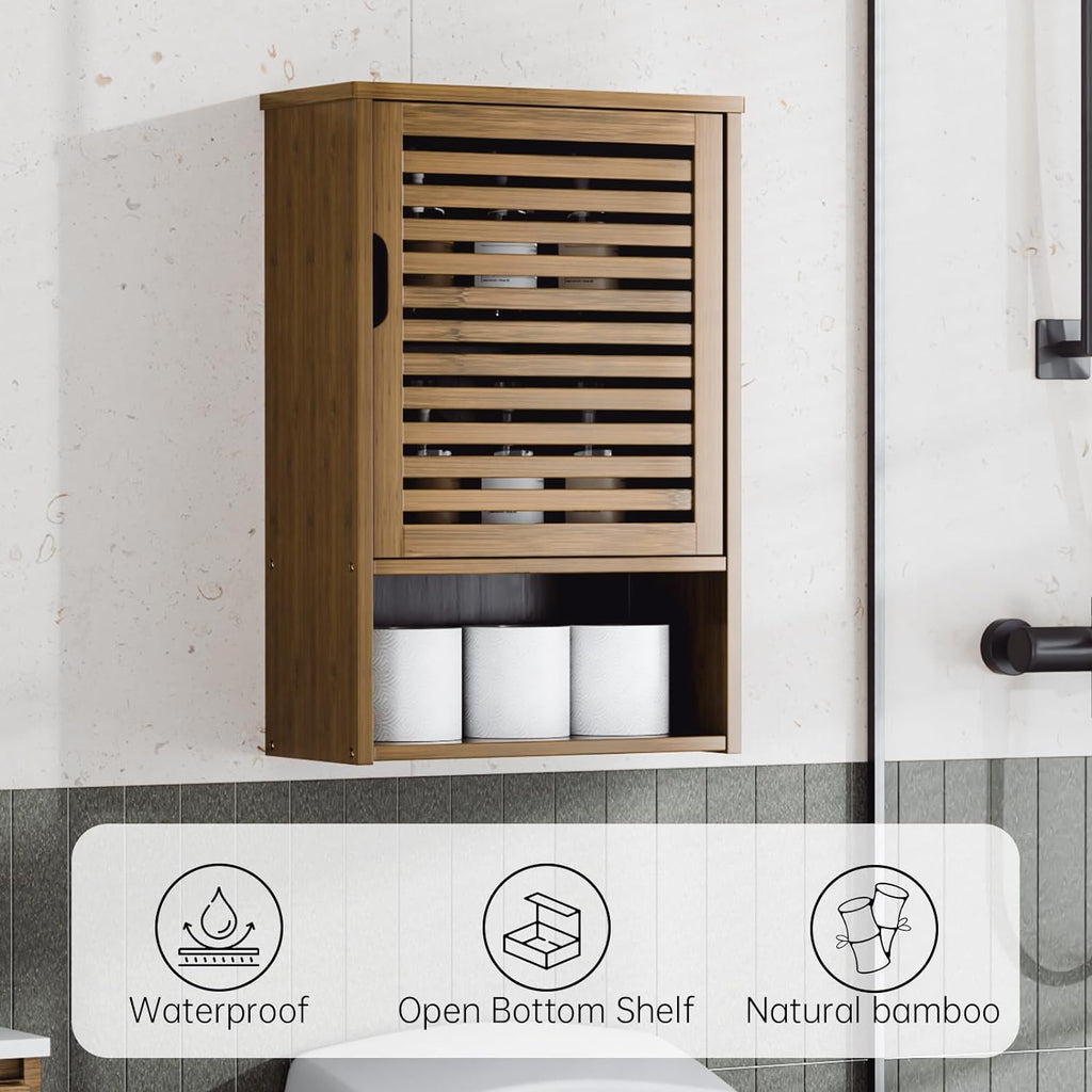 Bathroom Storage Cabinet Wall Mounted, Hanging Medicine Cabinet with Adjustable Shelf, Over The Toilet Space Saver Organizer, Black Bamboo Kitchen Cupboard, Single Door