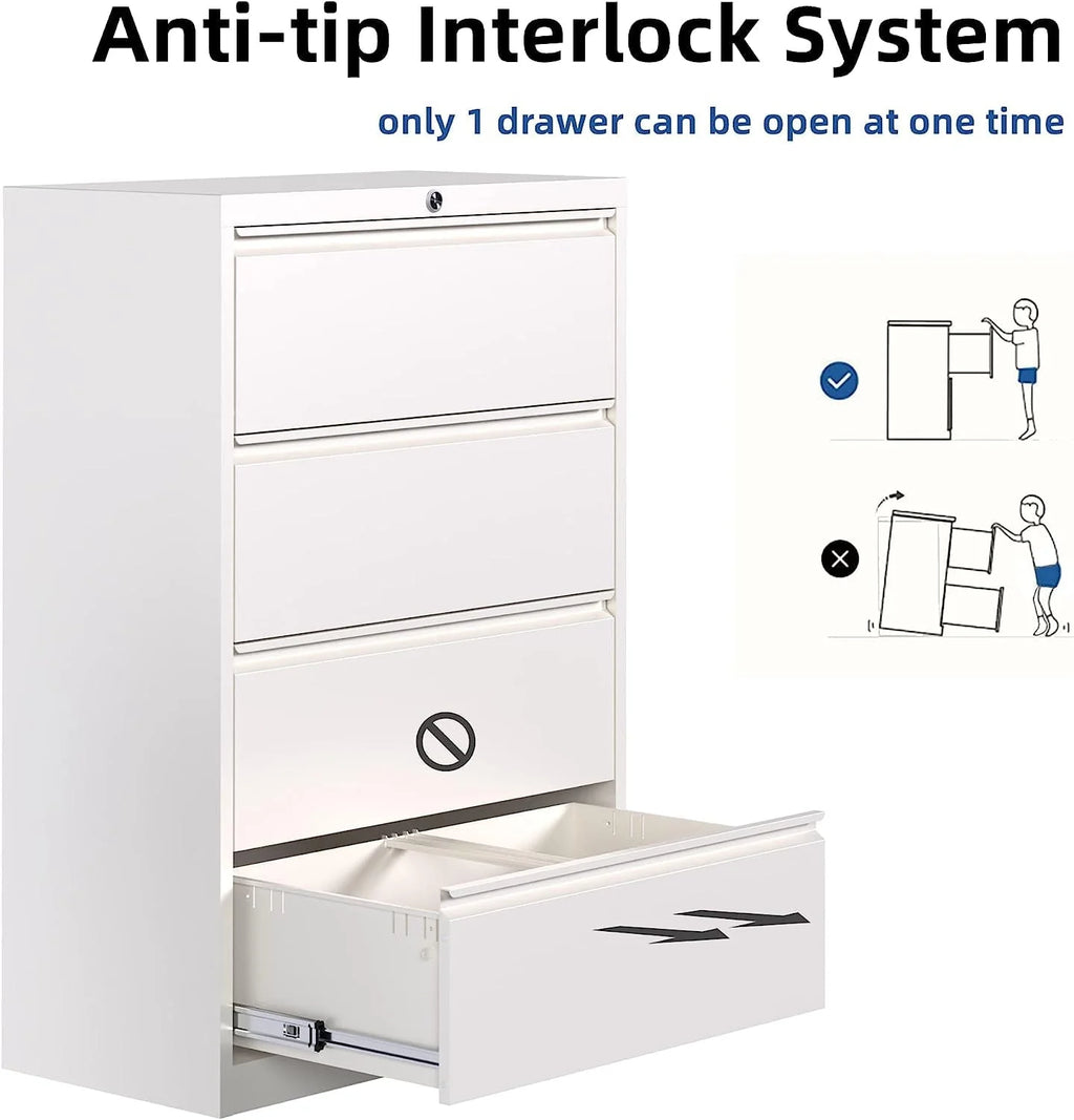 Supeer Four Drawer Metal Lateral File Cabinet, Storage White File Cabinet with Large Deep Drawers, Locking Wide File Cabinet for School, Office, Home,  Assembly Required