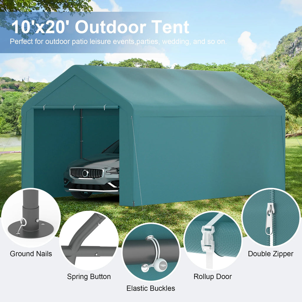 GOJOOASIS Carport, 10 x 20 Heavy Duty Carport Canopy with Removable Sidewall, Water-Resistant Portable PE Garage with All-Season Tarp Beige