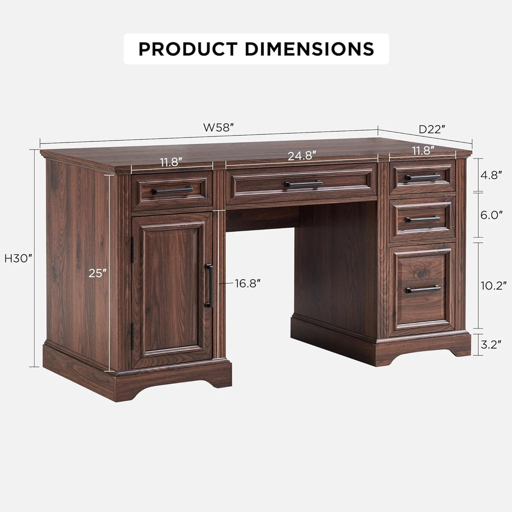 T4TREAM Farmhouse Wood 58" Executive Desk, Home Office 30" High Computer Desk with Drawers and Storage Cabinet, White