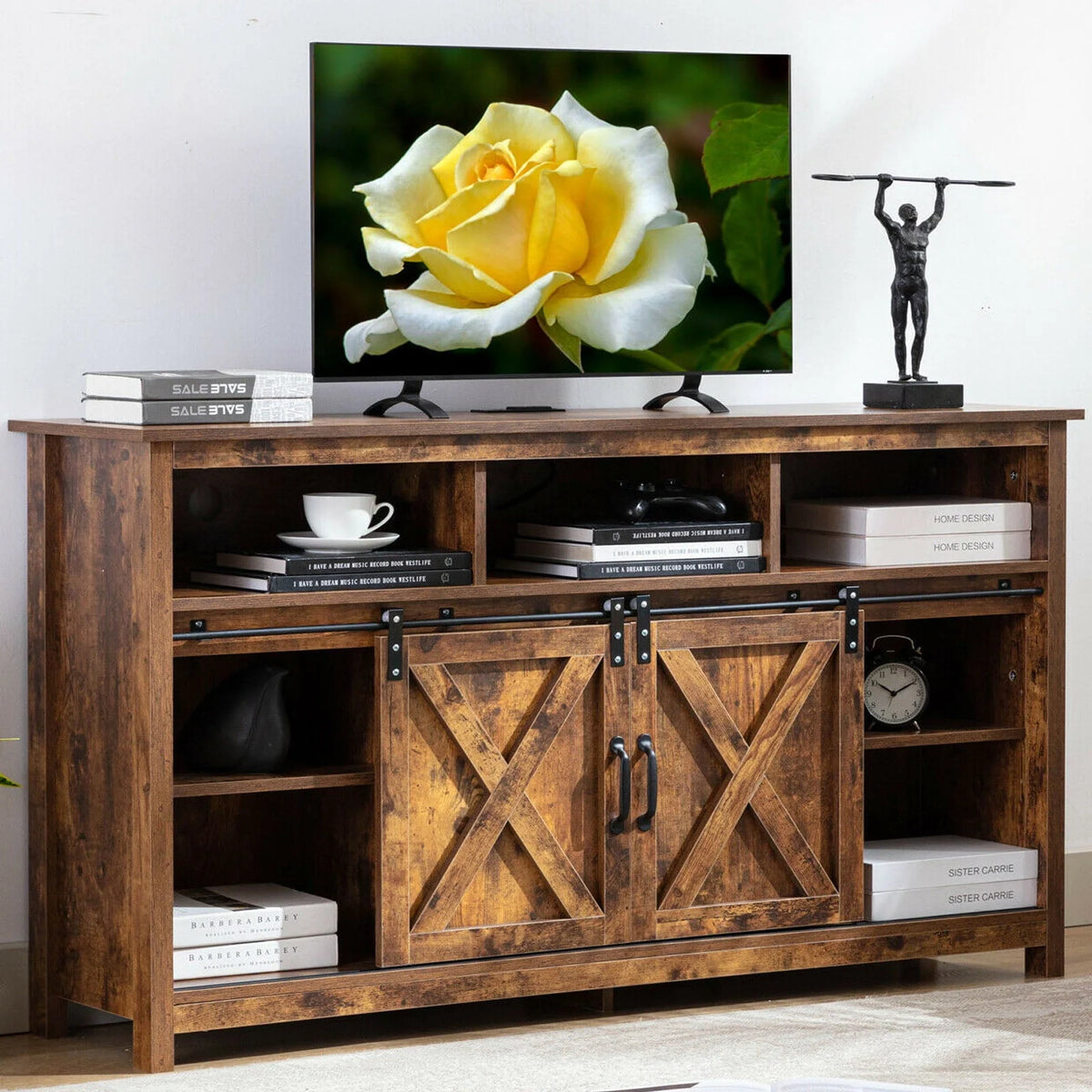 4 Layer Farmhouse Coffee Bar Cabinet With Power Outlet & LED Light, 57" Barn Door Buffet Cabinet Kitchen Storage With Adjustable Shelves(Brown)