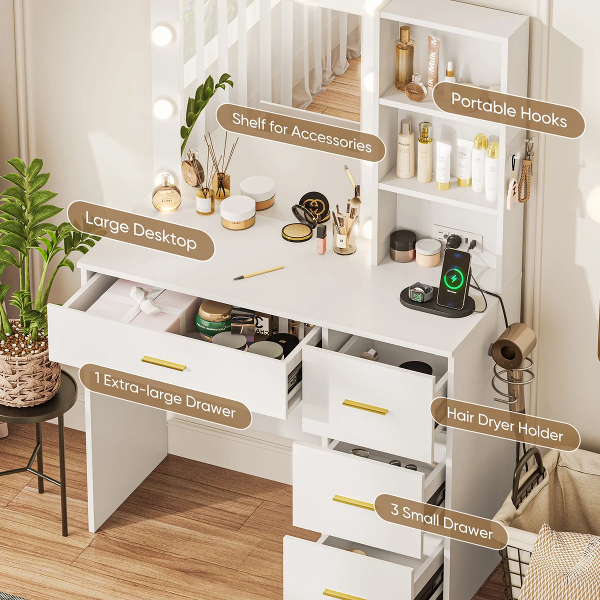 Cottinch Vanity Desk 3 Color Lighted Mirror,Makeup Dressing Table with 4 Drawers and Storage Shelves,2 Outlets,2 USB Ports,White