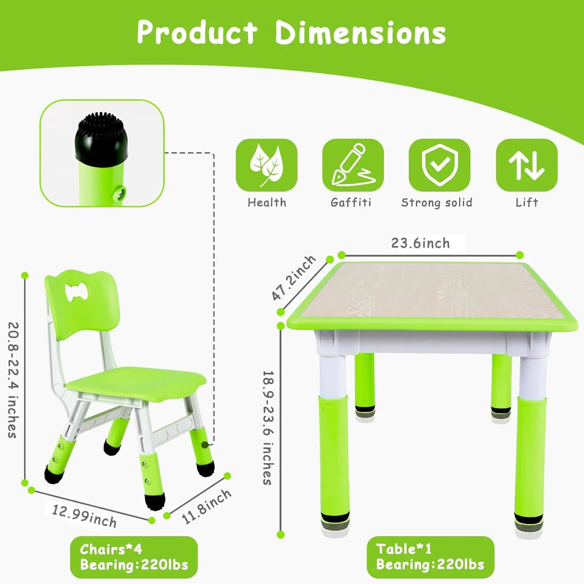 Arlopu Toddler Table and Chair Set Height Adjustable, Kids Activity Table for Reading, Drawing, Eating, Studying, Max 220lbs