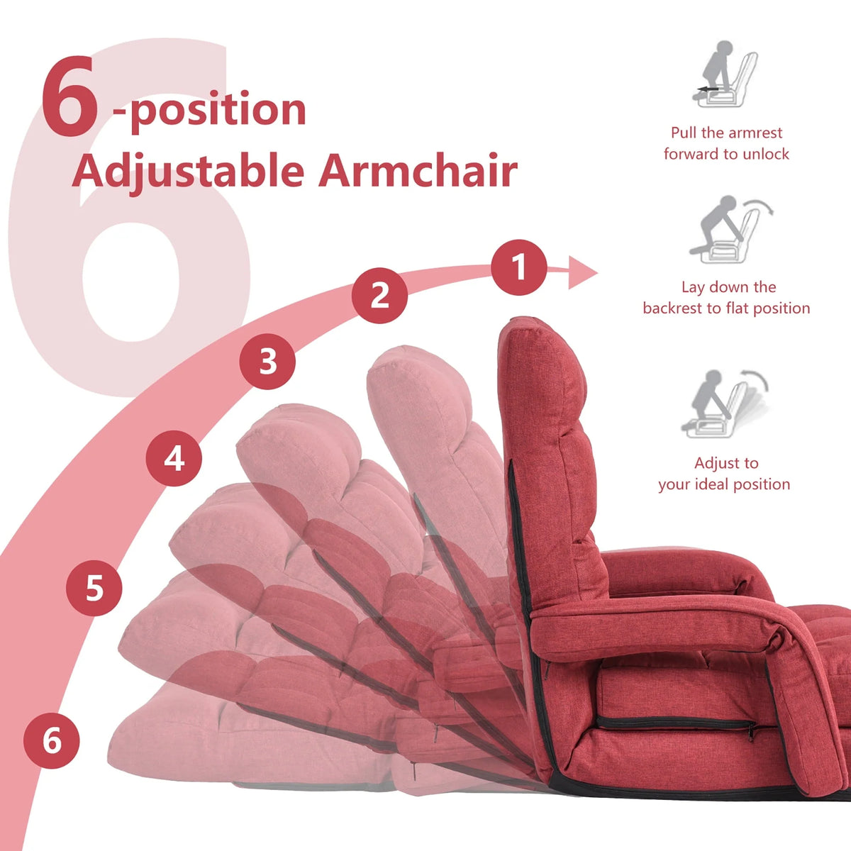 Costway Folding Floor Armchair w/ 6-position Adjustable Back & Lumbar Pillow Red
