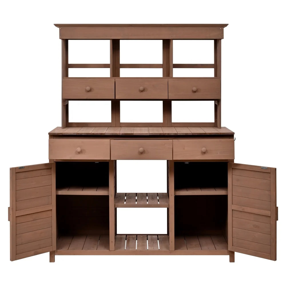 Rustic 65.7'' Tall Garden Potting Bench Table with Hutch, 3 Shelves, 6 Drawers, 2 Cabinets & 3 Side Hooks for Mudroom, Patio, 3 Color
