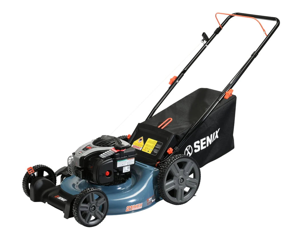 SENIX Gas Lawn Mower, 21-Inch, 140 cc 4-Cycle Briggs & Stratton Engine, 3-In-1 Push Lawnmower, 6-Position Height Adjustment with 11-Inch Rear Wheels, LSPG-M7, Blue