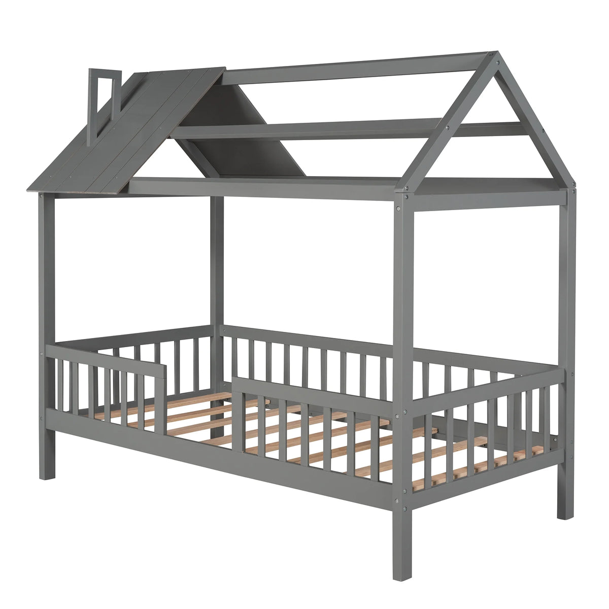 Euroco Twin Size Platform Bed, House Bed with Fence for Kids, Gray