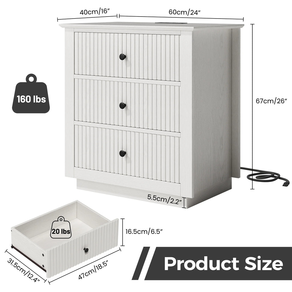 IDEALSOUL Nightstand Set of 2, 24" Wide End Table with Storage, Fluted Nightstand with USB Charging Station, Large 3 Drawers nightstand for Bedroom Living Room(2pc, White)