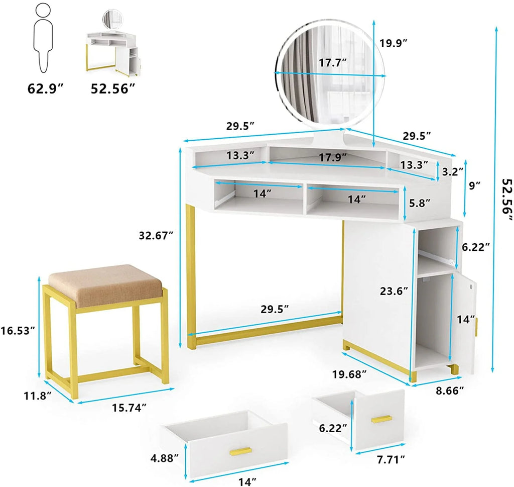 Corner Vanity Set with Lighted Mirror, Makeup Vanity Dressing Table with Drawers, Cabinet and Cushioned Stool, Girls Vanity Desk for Bathroom, Bedroom, White by TZUTOGETHER