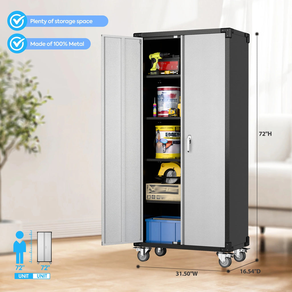 SUPEER 71" Metal Storage Cabinets with Wheels and Pegboards, Industrial Cabinet with 2 Drawers and 2 Adjustable Shelves,, Assembly Required