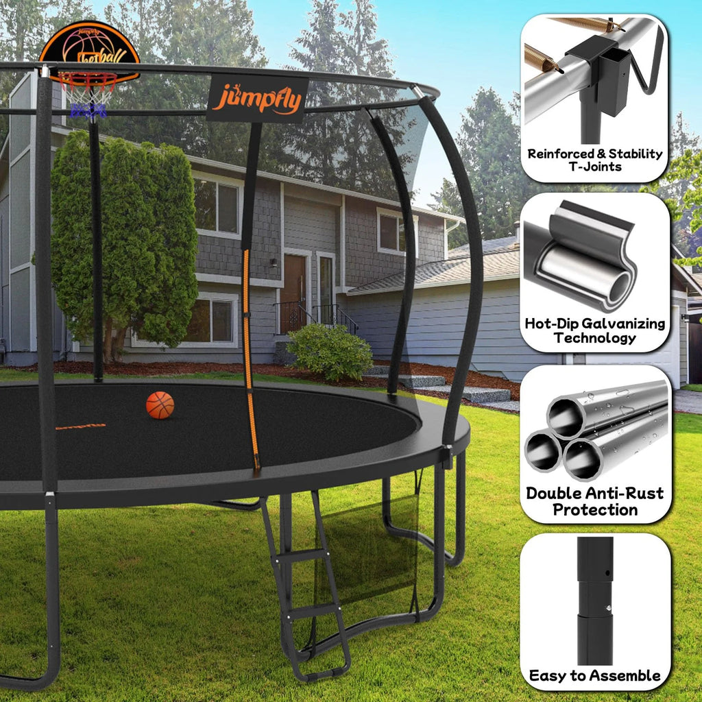 Jumpfly Trampoline 10FT Trampoline with Basketball Hoop-Curved Poles Reinforced Recreational Trampolines with Enclosure And Ladder-Outdoor Trampoline for Kids