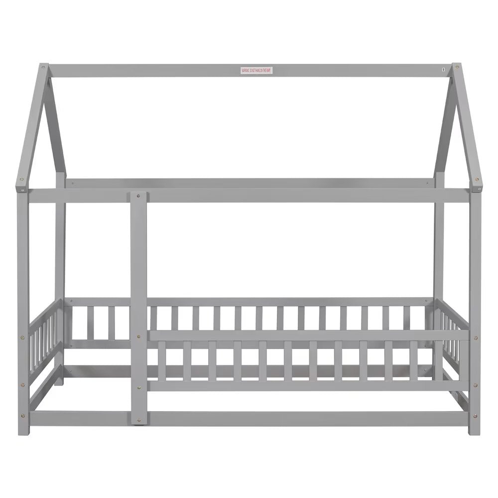 Twin Size House Bed for Boys and Girl, Wooden Canopy Bed Tent Bed, Playhouse Design Bed Frame with Full-lenth Guardrail, Bedroom Furniture, 79.5��L x 44.8��W x 66.2��H, White