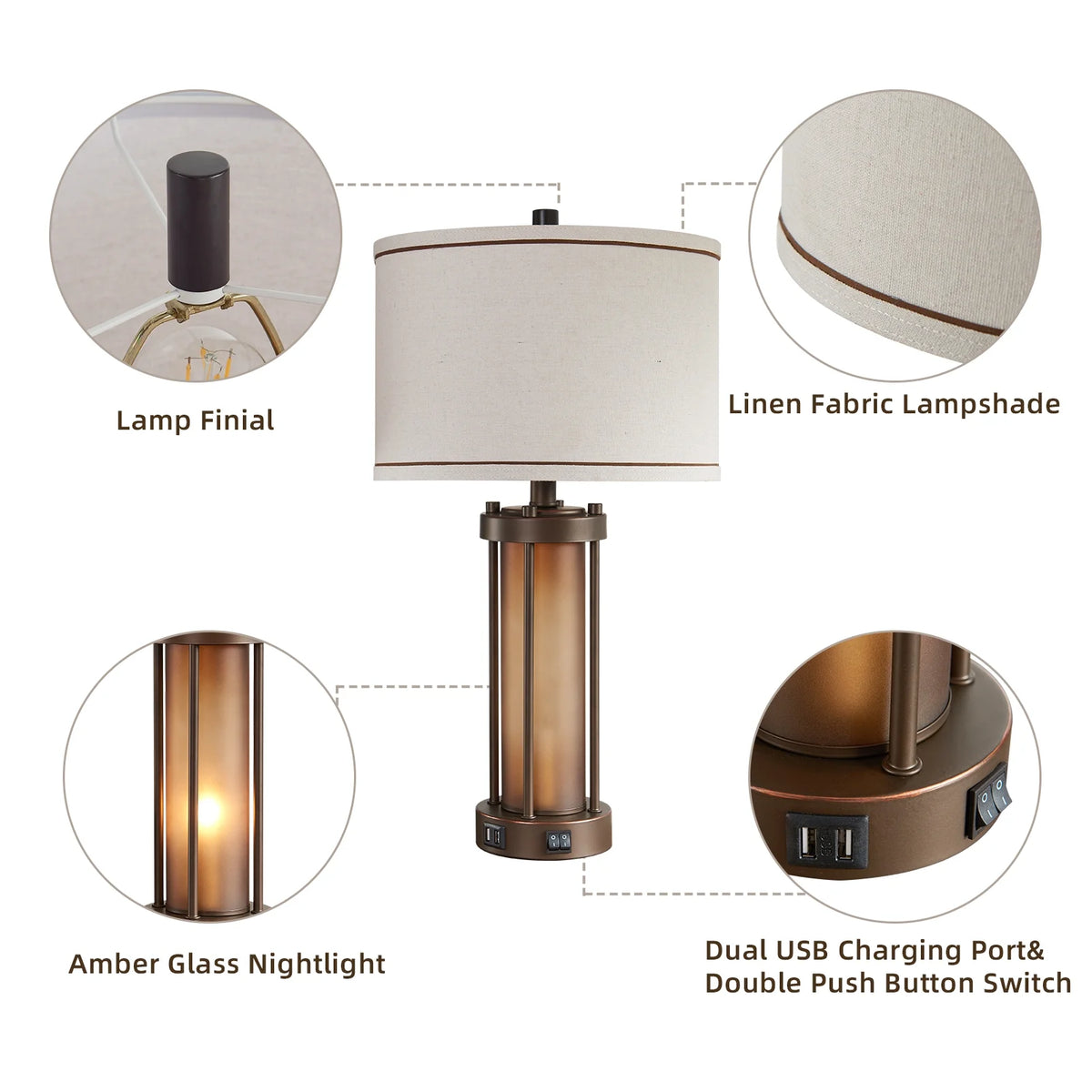 RORIA 24a?? Modern Living Room Table Lamp 2-Piece Set with 2 USB Charging Ports, Built-in White Frosted Glass with Night Light, Black Vintage Rustic Farmhouse Lamp for Bedroom Nightstand Lamps