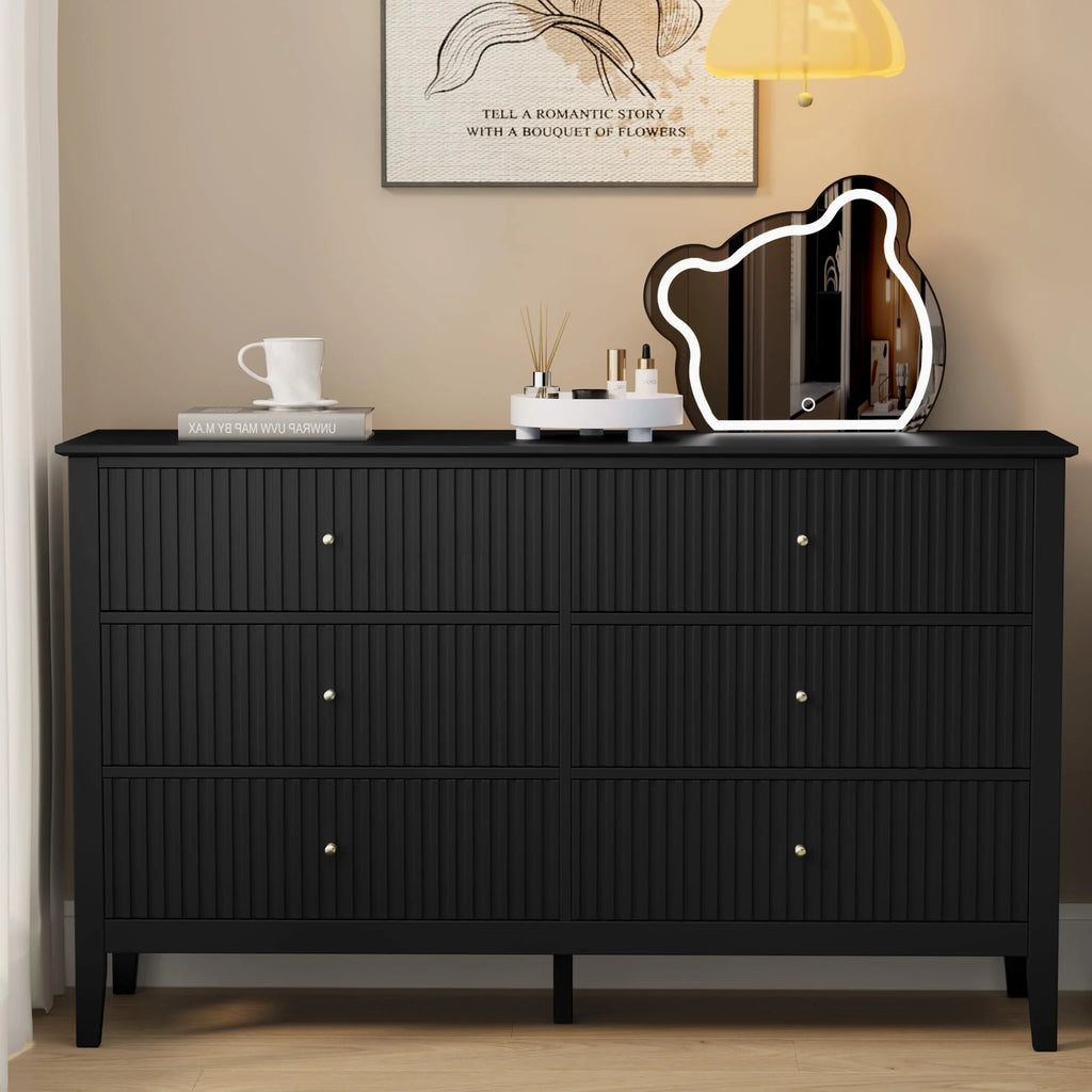 Heynemo Beige 6 Drawer Dresser, Fluted Modern Wood Chest