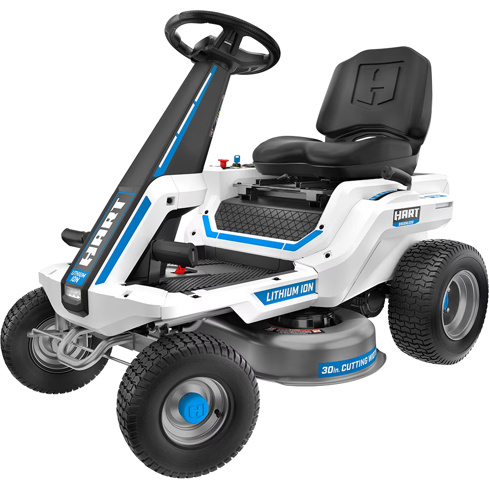 HART 80-Volt 30-inch Deck Lithium-Ion Riding Lawn Mower Kit, (1) Super Charger