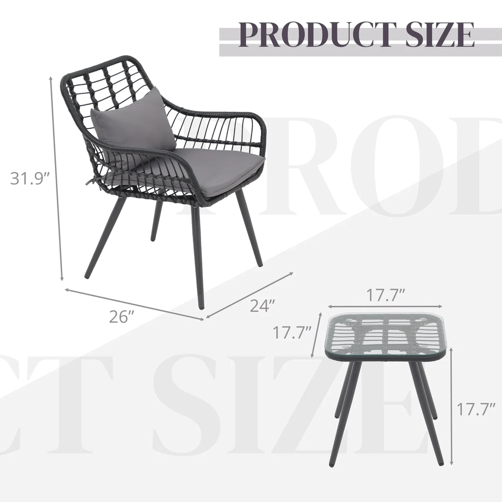 Patio Furniture Set, Betcozy3 Pieces Outdoor Chairs Set with Glass Coffee Table for Garden, Bistro, Porch, Balcony, Backyard