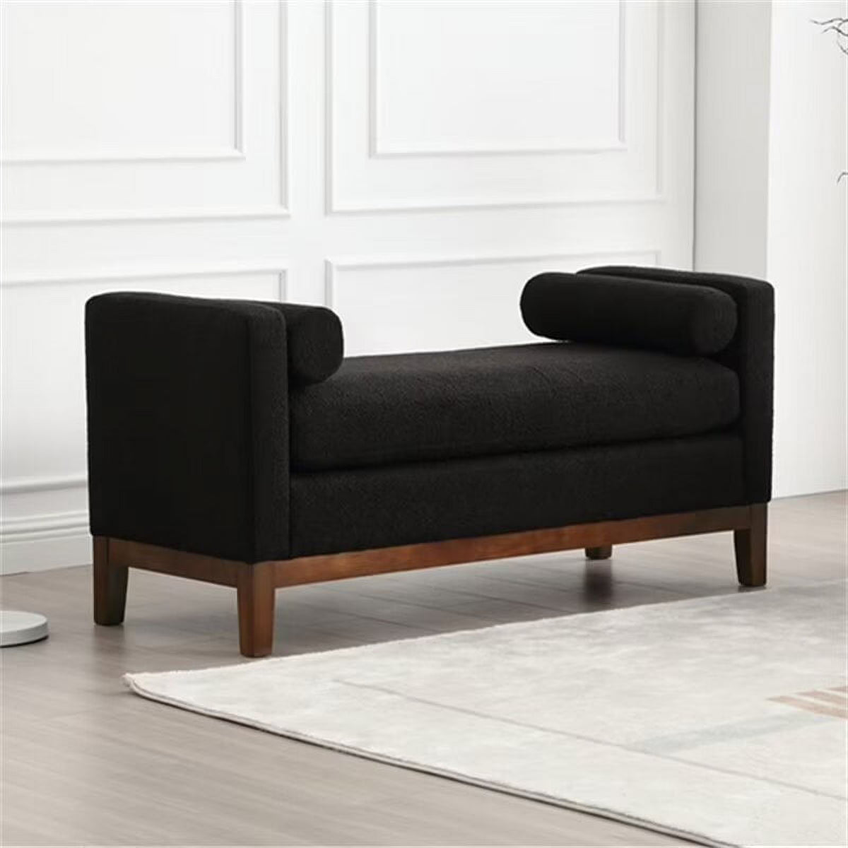 End of Bed Bench, 53.5" Boucle Fabric Upholstered Entryway Bench with Wood Legs & Bolster Pillows, Rolled Arm Cushioned Ottoman Foot Rest Long Stool Window Extra Seating for Bedroom, Ivory
