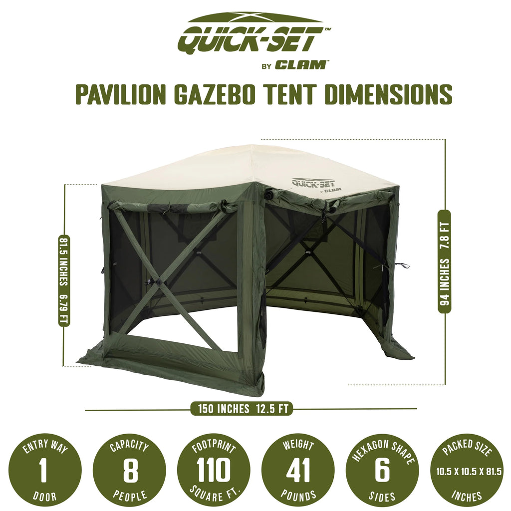 CLAM Quick-Set Pavilion 12.5 x 12.5' Portable Outdoor Canopy Shelter, Green