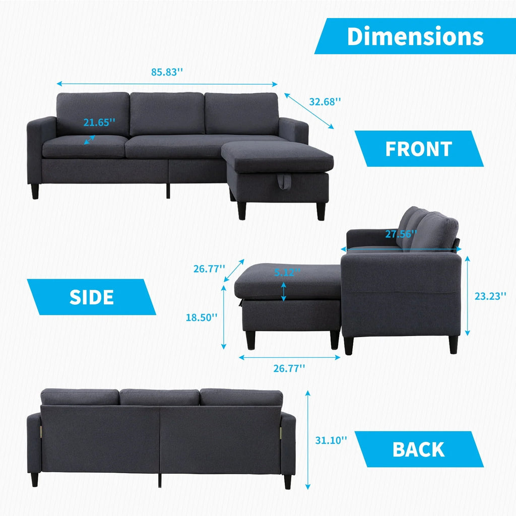 Mjkone Convertible Sectional Sofa Couch with Storage Ottoman, 86" W L-Shaped Couch for Living Room, 3-Seat Sofas with Reversible Chaise, Sectional Couches for Living Room/Office/Bedroom (Dark Gray)