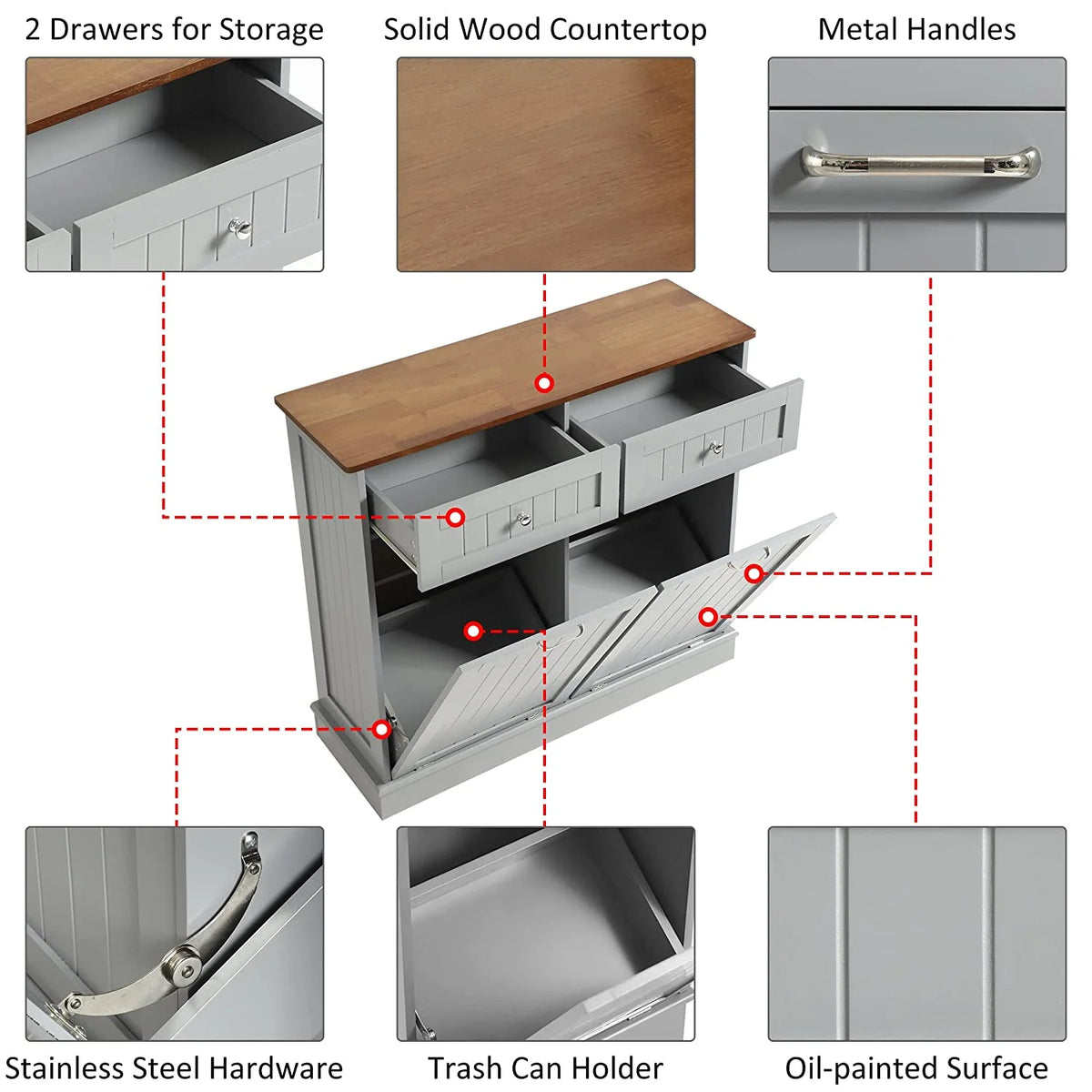KIGOTY Dual Kitchen Trash Cabinet, Double Tilt Out Trash Can Cabinet with Countertop and Drawer, Free-Standing Pet Proof Recycling Cabinet Garbage Can Holder, Wood (White)