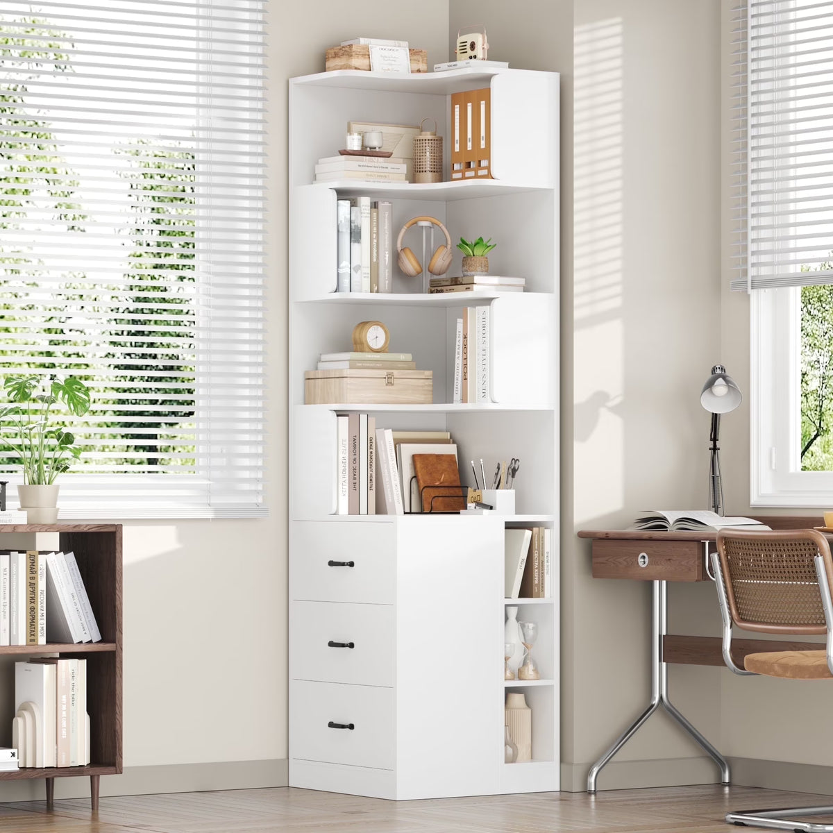 Hiphuta 77"Tall L-Shaped Corner Bookshelf with Drawers and Side Storage, Modern Wood Bookcase with 4-Tier Display Shelves Storage Cabinet for Living Room Home Office , Black