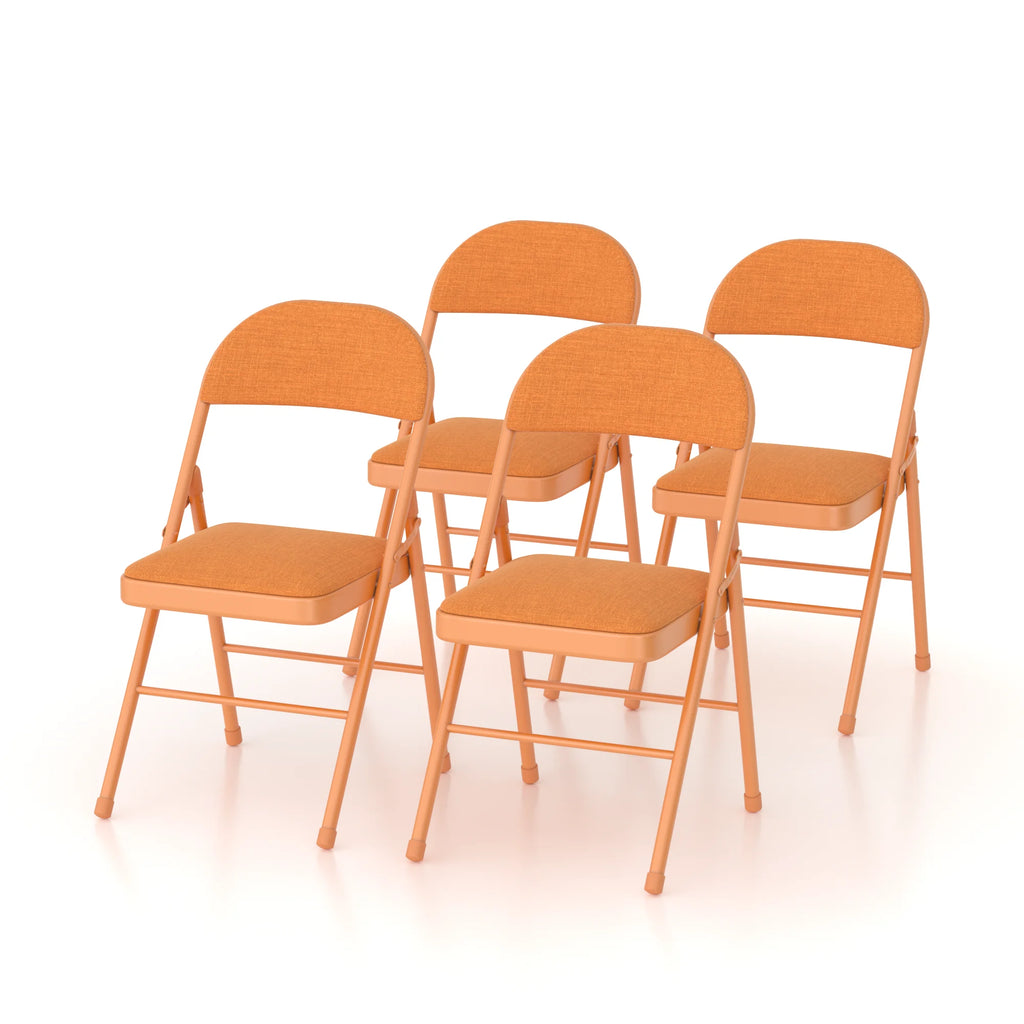 VECELO Set of 4 Folding Chairs, Fabric Dining Chair Set with Padded Cushion and Back, Indoor Outdoor Upholstered Seat with Metal Frame for Home Office Events Wedding Party, Orange