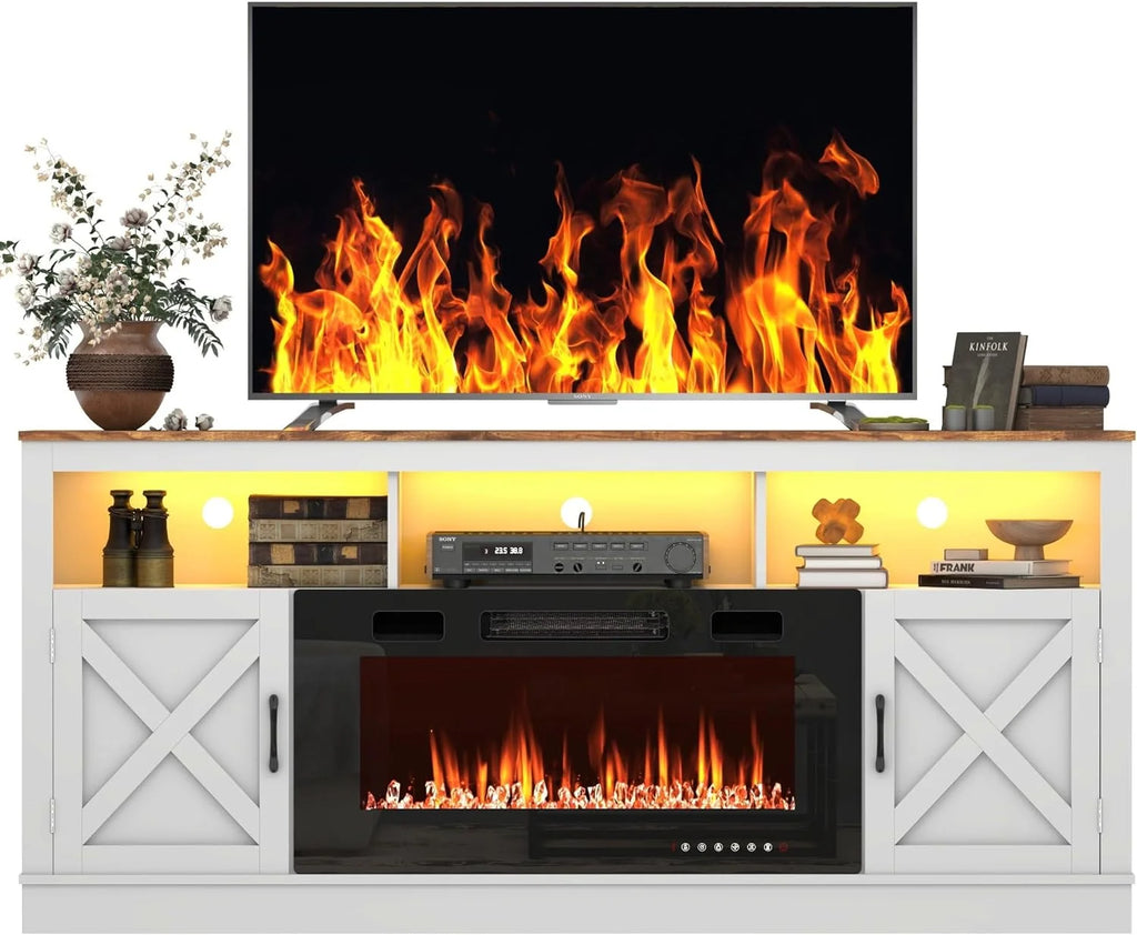 ChVans 70" Fireplace TV Stand for TVs up to 80" with 36" Electric Fireplace, Farmhouse Entertainment Center with LED, Wooden Media Console for Living Room, Bedroom