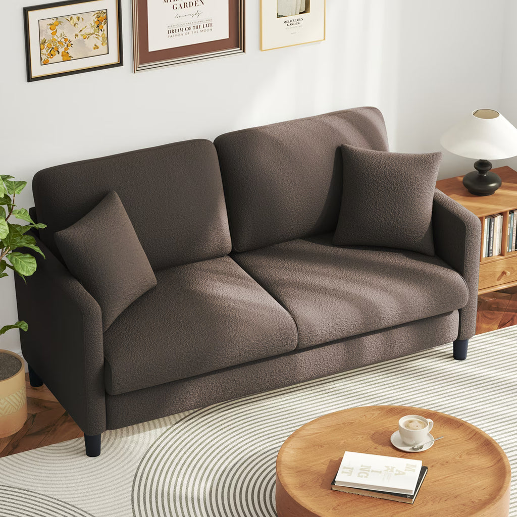 Loveseat Sofa,65" Comfy Teddy Fleece Love Seat Couch,Neche Extra Deep Seats Sofas,Tool-Free Setup Couch with 2 Pillows for Living Room,Coffee Brown