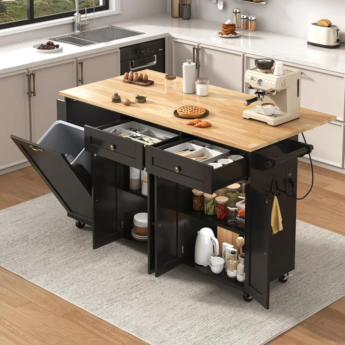 ANPOO 67" Rolling Kitchen Island with Drop Leaf, Tilt Out Kitchen Trash Cabinet 10 Gallon Storage, Kitchen Cart Island with Rubber wood Top, Spice Rack and Drawers