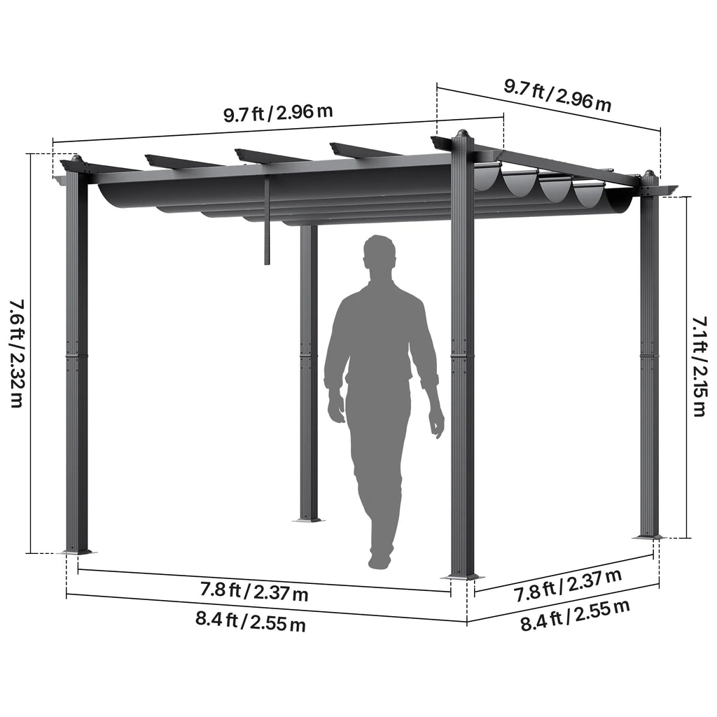 KFFKFF 10'x10' Aluminum Pergola, Outdoor with Retractable Sun Shade Canopy, Ideal for Patio, Garden, Deck, Backyard - Gray