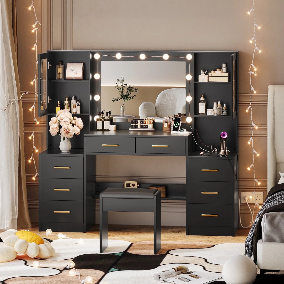 UGTOO 58.3" White Vanity Desk with Mirror, Adjustable Lighting, Power Outlet, Drawers, with Stool