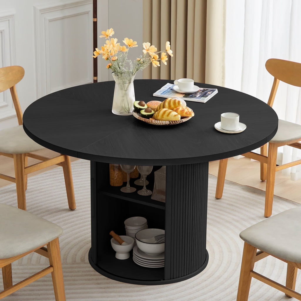Wirrytor Round Dining Table, Modern Farmhouse Kitchen Table, 47 Inch Coffee Circle Dining Tables with Wood Strip Base for Kitchen Living Room, Black
