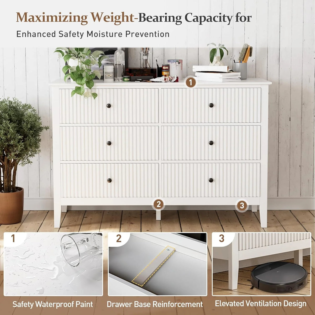 Heynemo Beige 6 Drawer Dresser, Fluted Modern Wood Chest