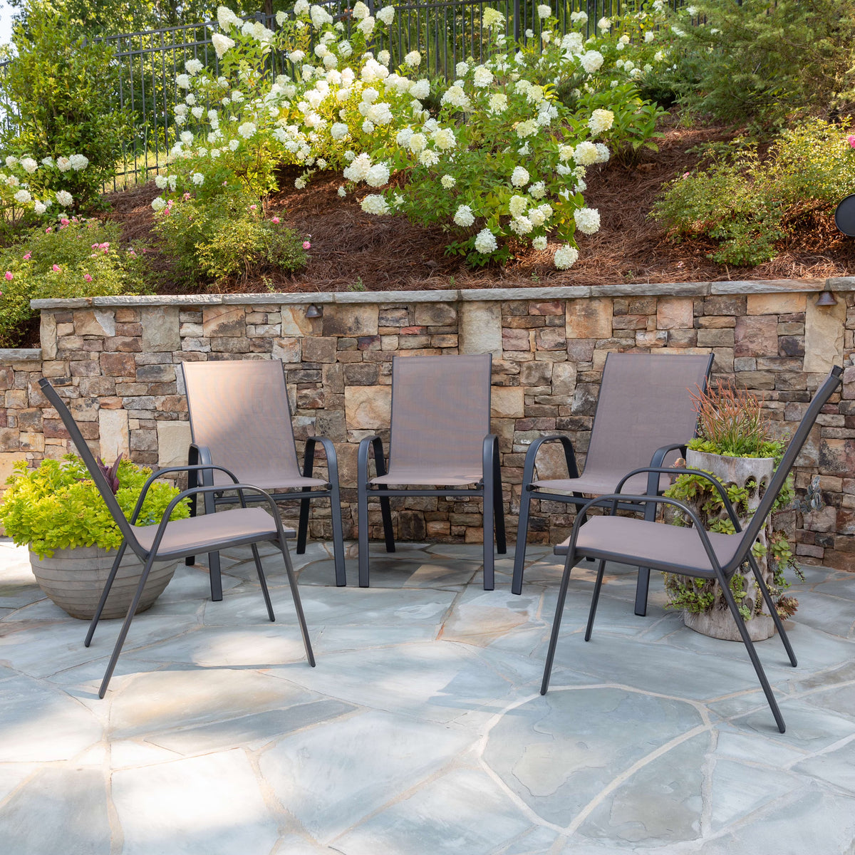 BizChair 5 Pack Black Outdoor Stack Chair with Flex Comfort Material and Metal Frame
