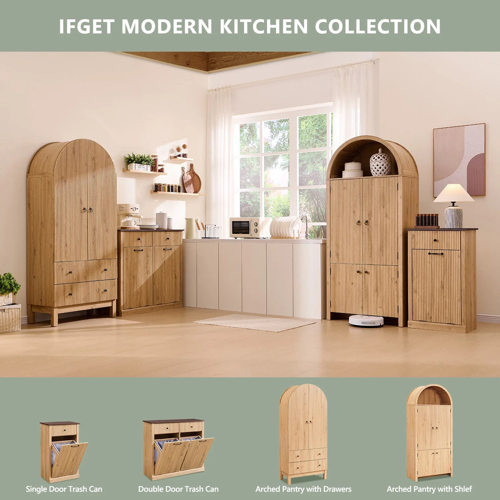 IFGET 71-Inch Arched 4-Tier Bookcase with Glass Doors and Drawers