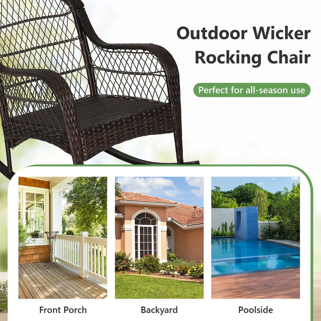 Costway Patio Wicker Rocking Chair W/Seat Back Cushions & Lumbar Pillow Porch Off White