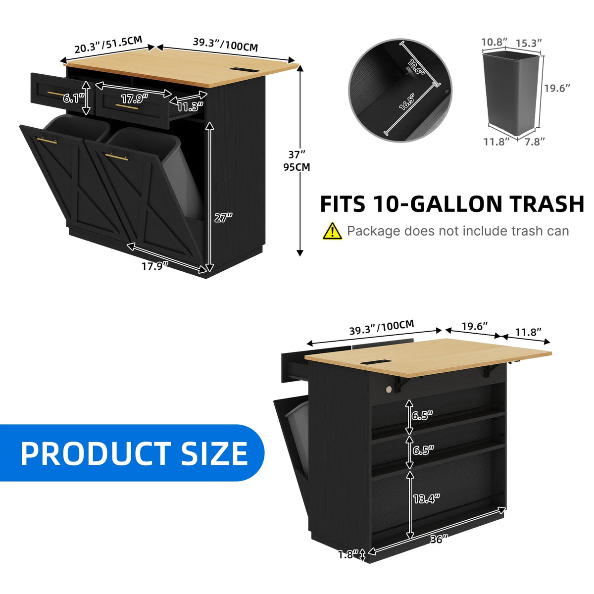 DEXTRUS Kitchen Island Cart with Drop Leaf & Power Outlets, Kitchen Island with 2 Trash Can Cabinets & Storage Shelves, Black