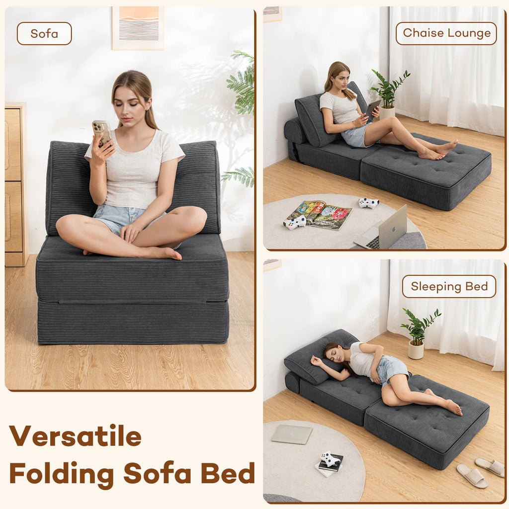 Hommpa Folding Sofa Bed Foldable Couch Bed Convertible Futon Chair with High Density Foam Filling with Pillow for Adult,Comfort chair bed for Living Room Bedroom,Gray,Single