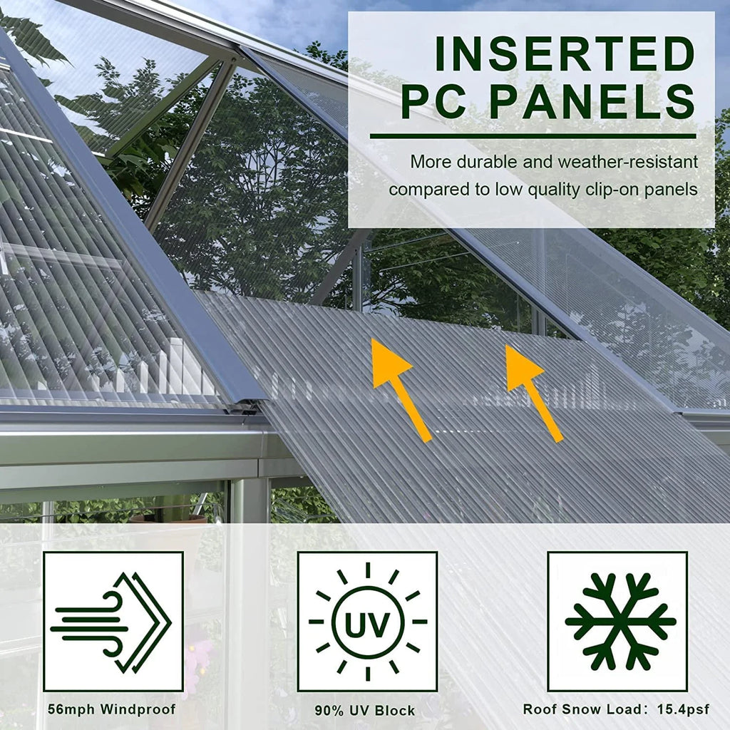 Jocisland 8x8x7 FT Polycarbonate Walk-In Greenhouse with Aluminum Frame, 2 Top-Opening Windows & 2 Swing Doors, Heavy Duty for Outdoor Garden Use, Black