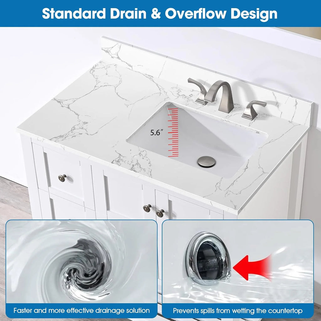 36x22 Engineered Stone Vanity Sink Top, White Bathroom Countertop with Undermount Left Sink, Vanity Top with 8 inch 3 Faucet Hole Spacing and Backsplash
