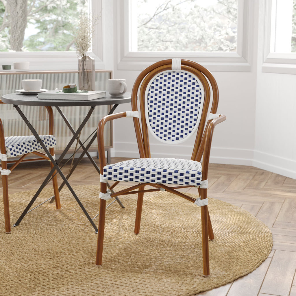 Merrick Lane Stacking Thonet French Bistro Style Chair with Arms, Black & White PE Rattan Seat, and Bamboo Finished Metal Frame for Indoor/Outdoor Use