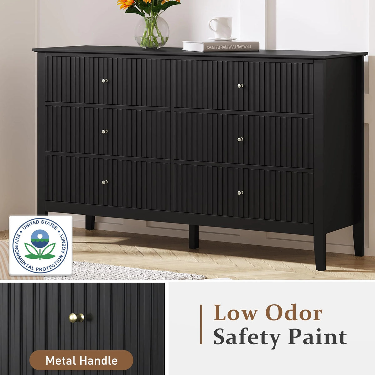 Heynemo Beige 6 Drawer Dresser, Fluted Modern Wood Chest