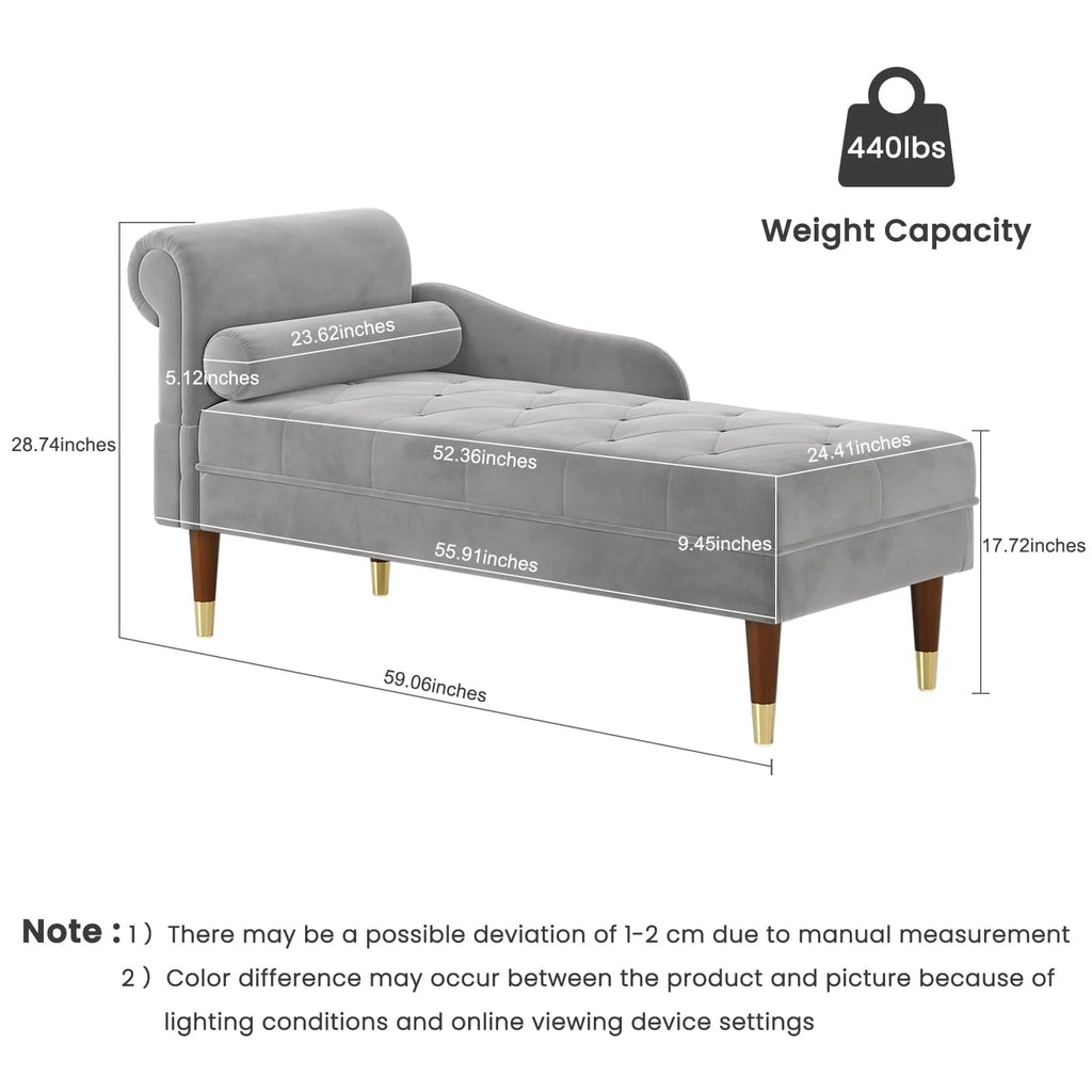 Vesgantti Velvet Chaise Lounge,59" Modern Upholstered Lounge Chair Indoor with Round Armrest Lumbar Pillow, Single Sofa for Living Room Bedroom Office,Grey