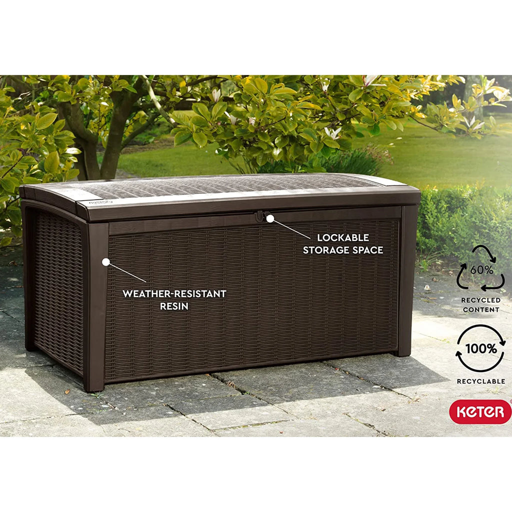 Keter Borneo 110 Gallon Rattan Wicker Resin Deck Storage Box Bench, Brown