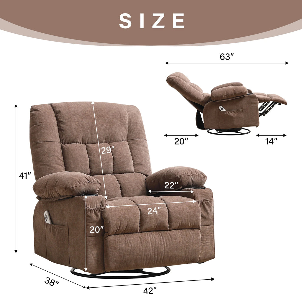 JONPONY Massage Swivel Rocker Recliner Chair with Vibration Massage and Heat Ergonomic Lounge Chair for Living Room with Rocking Function and Side Pocket, 2 Cup Holders, USB Charge Port,Grey